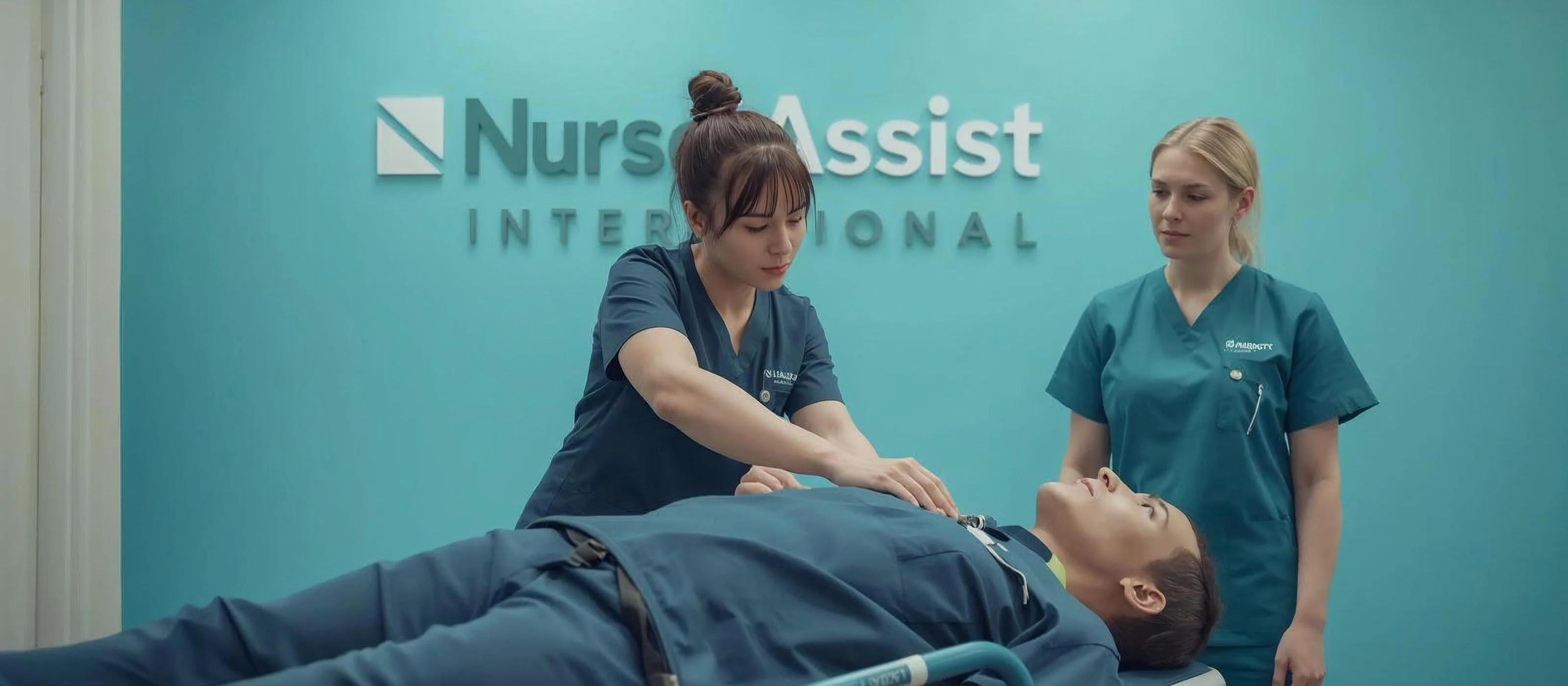NAI nursing education - Professional nursing student in navy scrubs demonstrating patient care techniques during clinical training